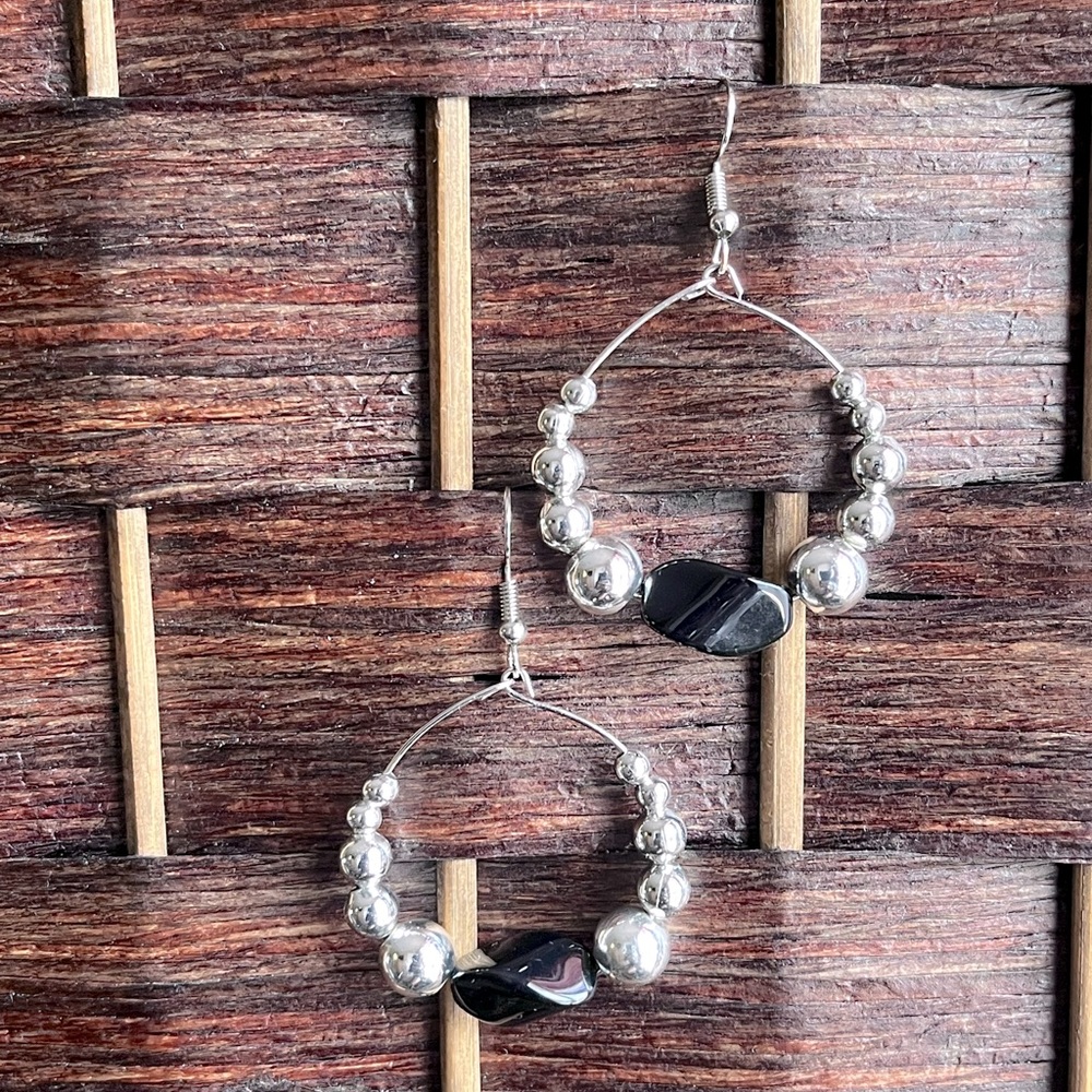 Onyx and Silver Bead Hoop Earrings